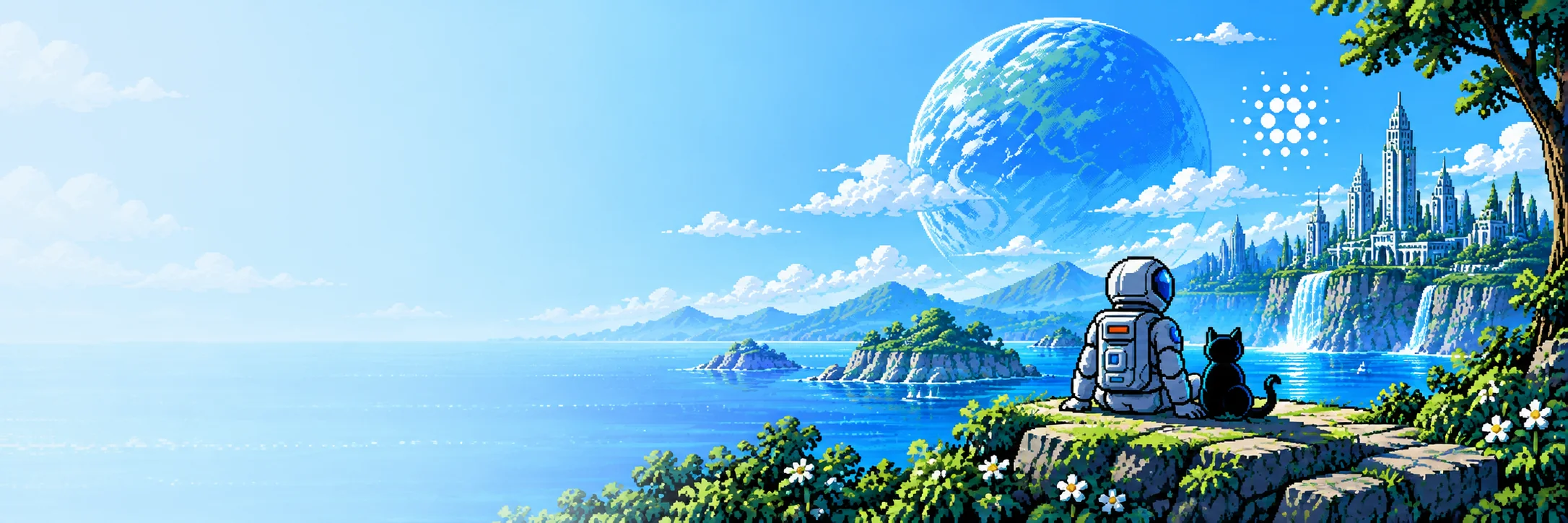 Pixel-art illustration of an astronaut and a black cat sitting on a coastal cliff overlooking a bay toward a distant futuristic city and a large planet, representing the Cardano ecosystem INDEX:80 maps.