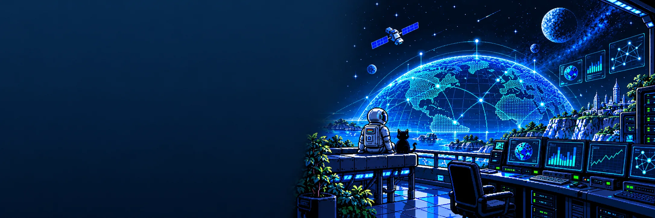 Pixel-art illustration of a dark data-observatory control room with an astronaut, a black cat and a satellite watching a glowing global data network over the Earth.