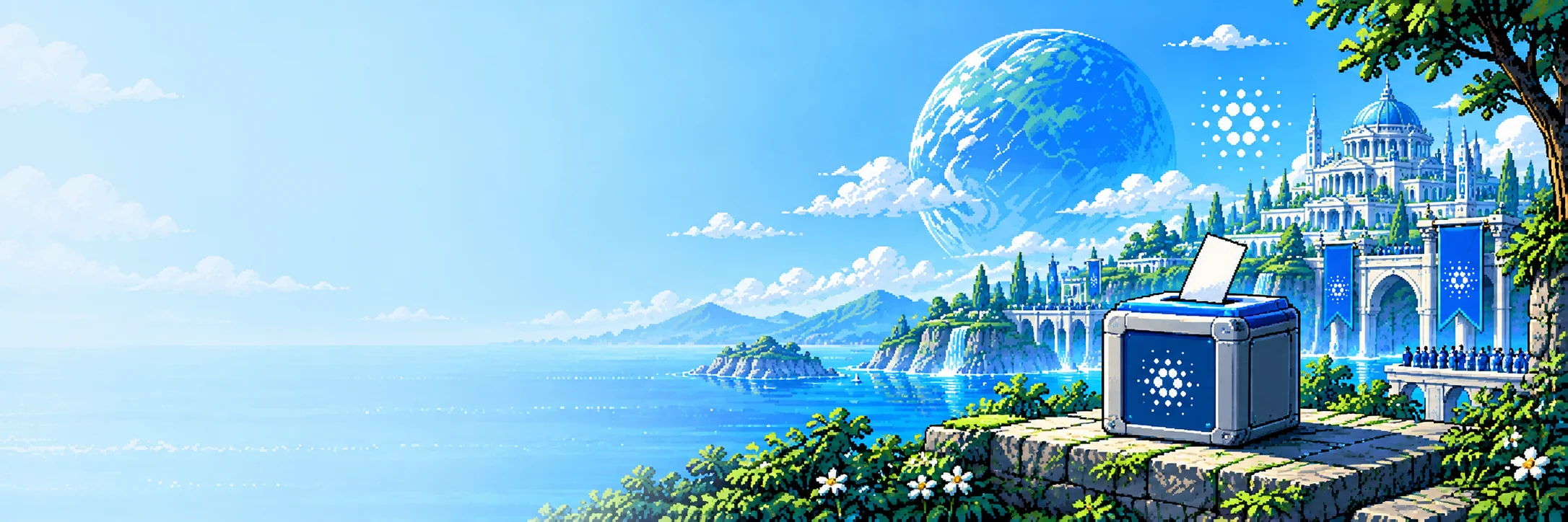 Pixel-art illustration of a marked ballot paper being placed into a ballot box on a coastal cliff overlooking a distant city, representing transparent public voting and collective decision-making.