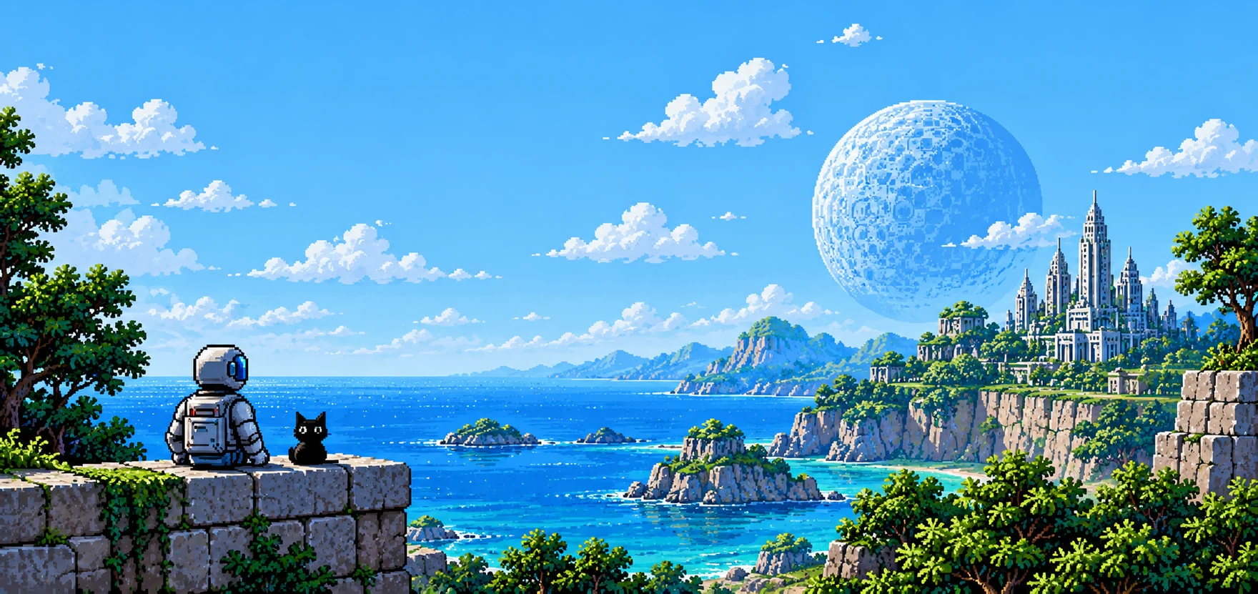 Pixel-art illustration of an astronaut and a black cat sitting on a vine-covered stone wall, looking out over a coastal bay toward a futuristic city and a moon, representing the Cardano ecosystem INDEX:80 maps.