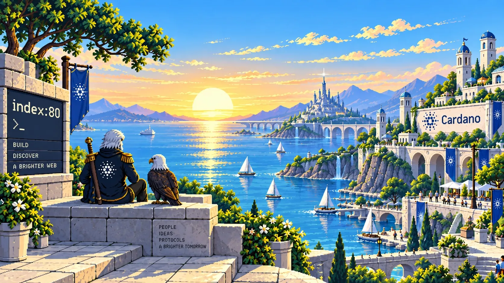 Pixel-art sunrise over a future-facing Cardano coastal city, with INDEX:80 signage, builders overlooking the horizon and open-web themes.