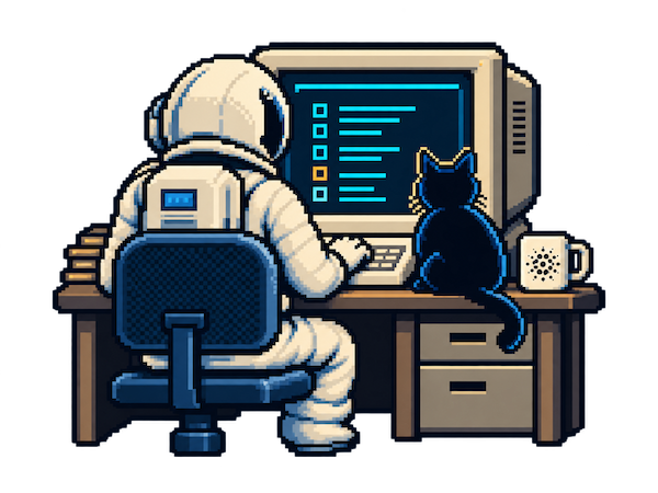 Pixel-art illustration of an astronaut sitting at a desk working on a glowing computer terminal, with a black cat perched beside a coffee mug, representing INDEX:80's public Cardano registry proof.